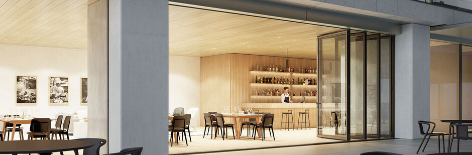 Faltschiebetür in der Gastronomie: der Gastraum kann komplett zur Terrasse hin erweitert werden.